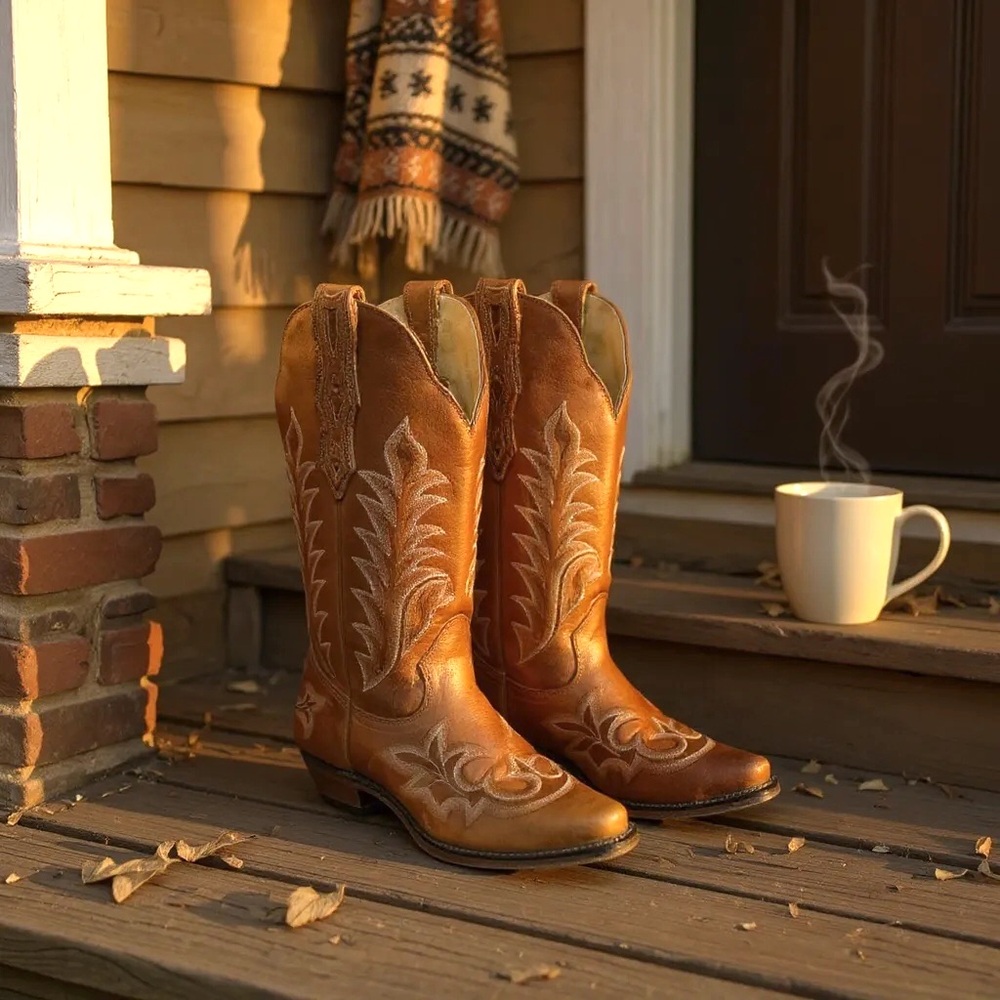 Boulet Western Tan Cowhide Leather Snip Toe Cutter Heel Cowboy Boots